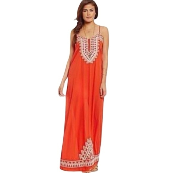 THML Dresses & Skirts - THML Boho Embroidered Vibrant Orange Red Maxi Dress, Spaghetti Straps - Large